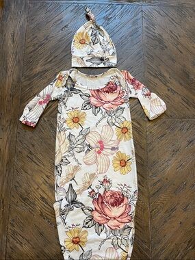 Floral Knit Baby Gown and Hat Set - Pink & Yellow